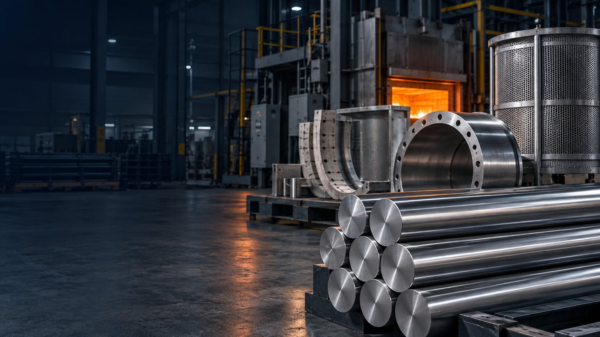 Polished stainless steel 310S bars and furnace components in a high-temperature industrial setting